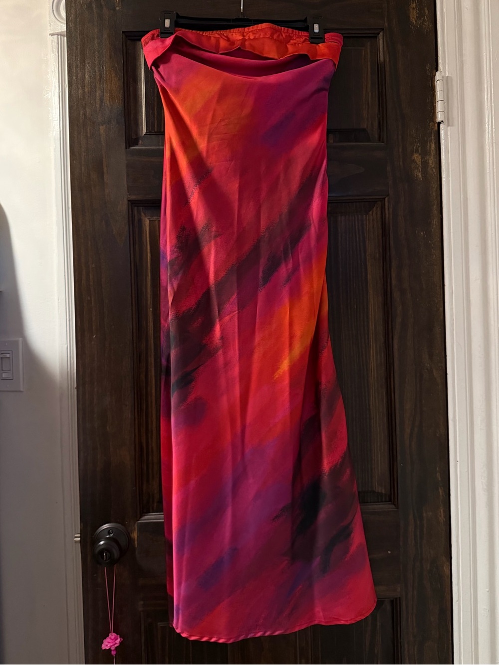 Strapless Satin Midi Dress in Pink, Orange, Purple